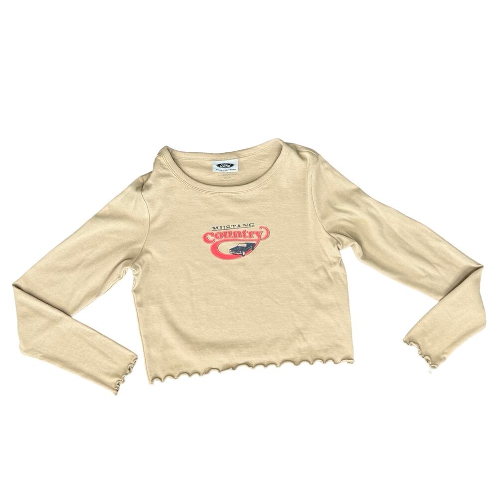 Cotton On Ford Mustang Country Tan Brown Long Sleeve Lettuce Hem Crop Tee size M